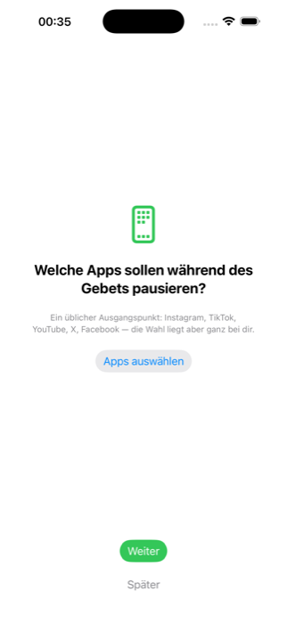 Onboarding: Apps auswählen, die während des Gebets pausieren