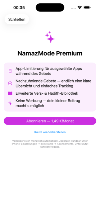 NamazMode Premium Upgrade-Bildschirm