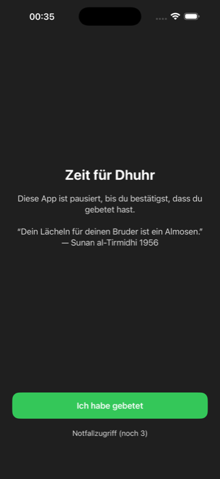 NamazMode Sperrbildschirm zur Gebetszeit mit „Ich habe gebetet