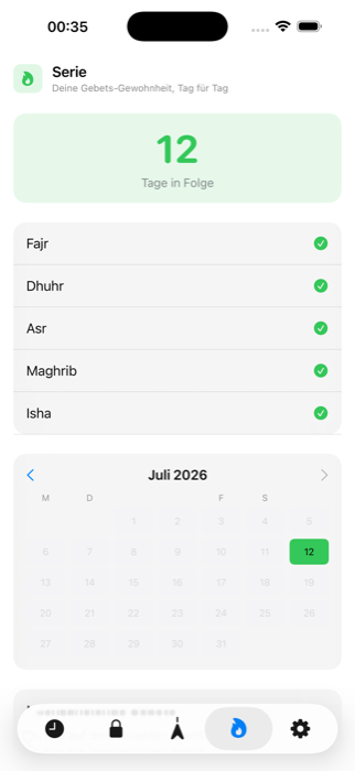 Streak-Ansicht mit Gebets-Kalender