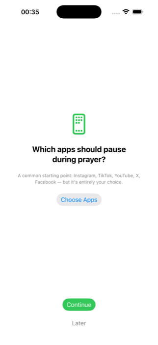 Onboarding: choose which apps pause during prayer