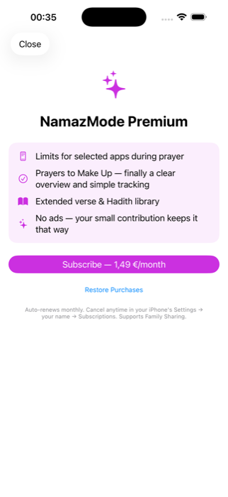 NamazMode Premium upgrade screen