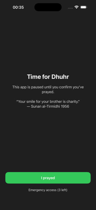 NamazMode lock screen during prayer time with 'I prayed' button