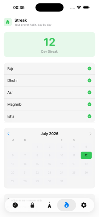 Streak view with prayer calendar