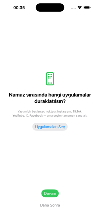 Onboarding: namaz vaktinde duraklayacak uygulamaları seç