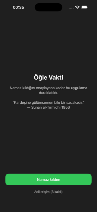 Namaz vaktinde NamazModu kilit ekranı ve 'Namazımı kıldım' butonu